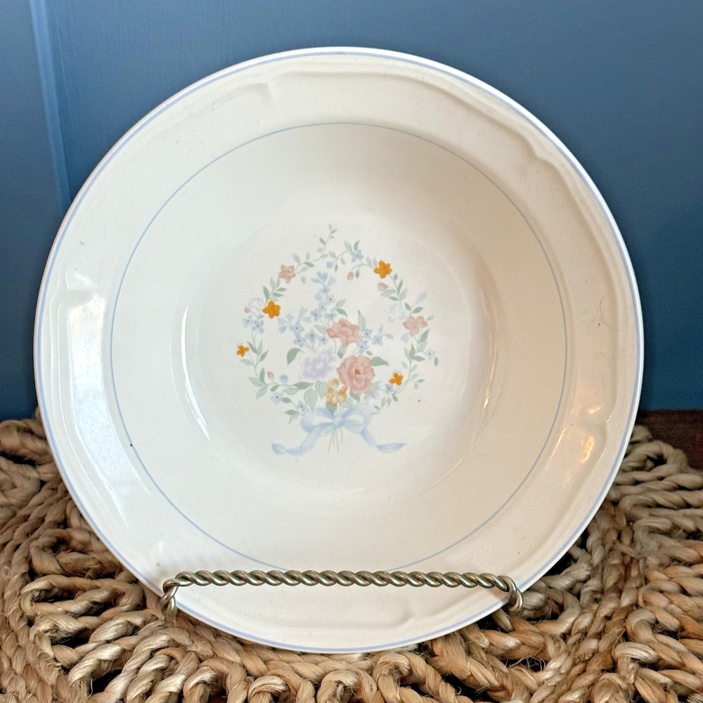 Sango Thornhill Vegetable Bowl 9" Stoneware‎ Floral Blue Ribbon 1987 Cottagecore